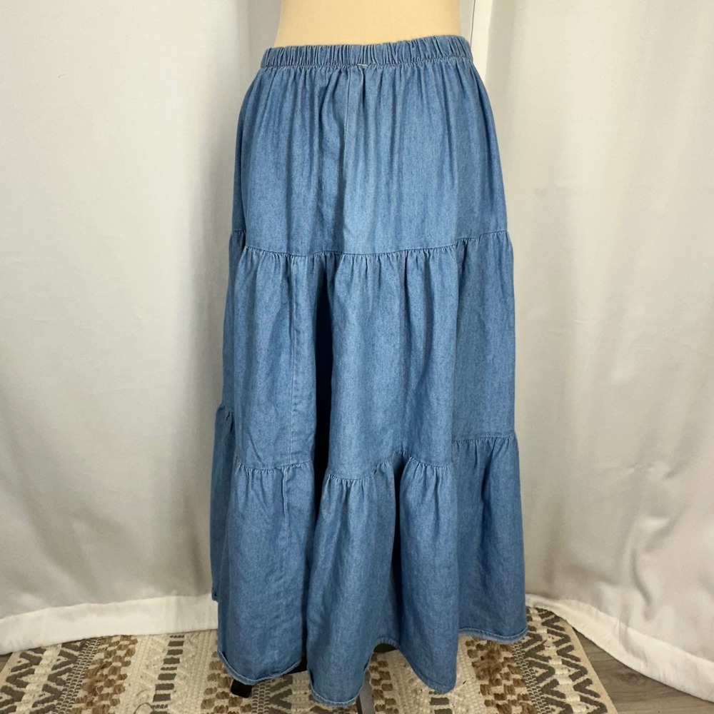 Vintage Blues Tiered Denim Maxi Skirt Elastic Waist Sz M/L Western Prairie READ - Picture 4 of 8